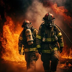 firefighter in action in the middle of the fire rescuing lives, GENERATIVE AI