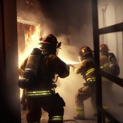 Fototapeta premium Firefighters using Twirl water fog type fire extinguisher to fighting with the fire flame from oil to control fire not to spreading out. Firefighter and industrial safety concept, Generative AI