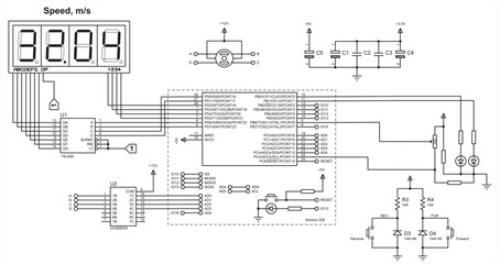 Schematic diagram of electronic device with motor on arduino.
Vector drawing electrical circuit with button, resistor, microcontroller, lcd display
and other electronic components.