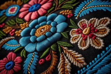 Close-up beautiful Ukrainian traditional style embroidery. Vyshivanka. AI generation