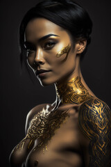 portrait of a woman with golden tattoos