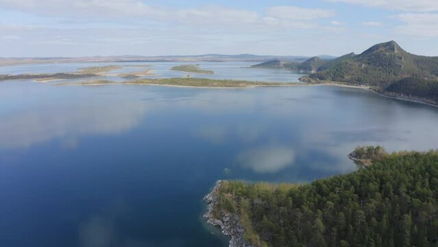 Aerial drone footage of Ulken Shabakty - Lake Great Chebachye Lake in Natonal park Burabay Borovoe , Kazakhstan