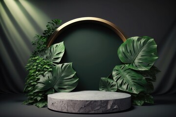 Contemporary green circle Podium Stage with rock and tropical leaves. AI Generation