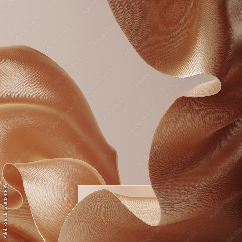 Poster podium for product presentation. background image with golden fabric decorative element. 3d renderin