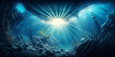 Fototapeta na wymiar Underwater Sea - Deep Water Abyss With Blue Sun light