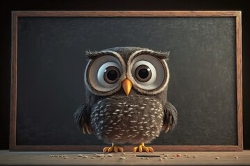 Illustration of an Owl stands on Blank Blackboard. AI generation