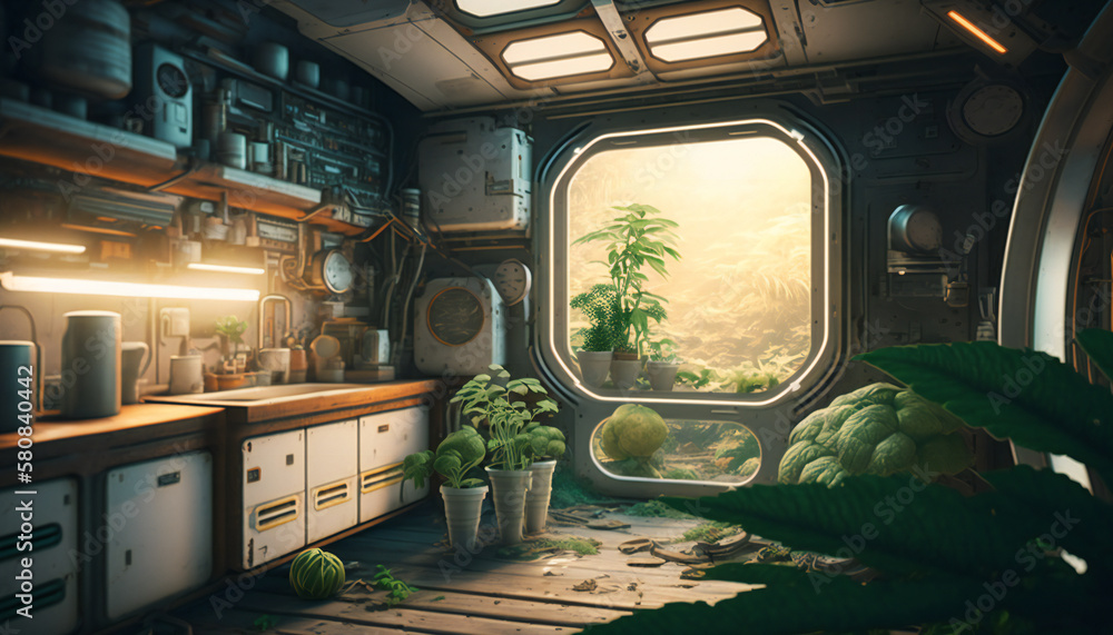 Wall mural space station with a view into space - space wallpaper - generative ai