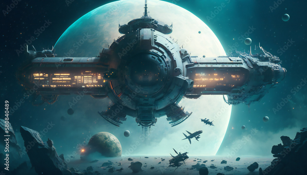 Canvas Prints space station in outer space - space wallpaper - generative ai