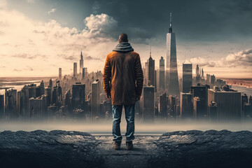 Fototapeta na wymiar A man is standing and staring towards the city skyline of New york city in United states of america 