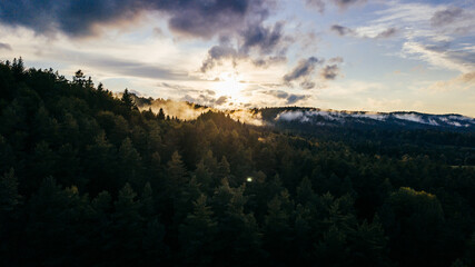 Beautiful view of a mountain with the sunset in the evening. Bieszczady mountains, Poland.