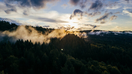 Beautiful view of a mountain with the sunset in the evening. Bieszczady mountains, Poland.