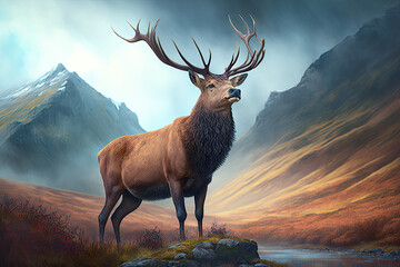 A large male stag (monarch) with a large antler stands proud in the mountains next to a river. Generative AI