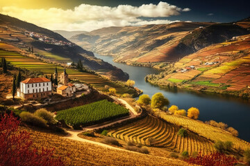 landscape image of a wine country under dramatic sky with a river in the valley. Generative AI - obrazy, fototapety, plakaty