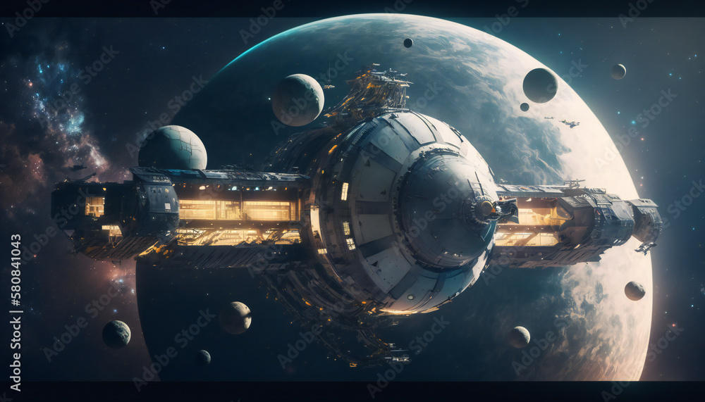 Canvas Prints space station in outer space - space wallpaper - generative ai
