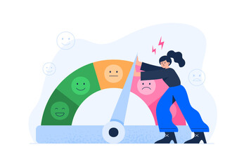 A young woman tries to push a stress level. Emotion exhaustion and burnout at work. Vector flat illustration isolated on the white background. - obrazy, fototapety, plakaty