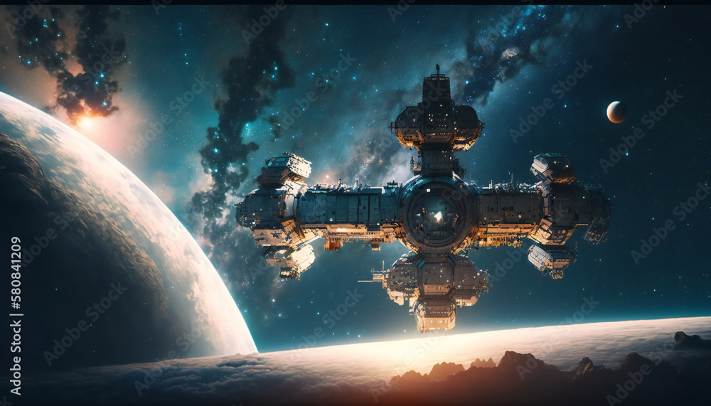 Canvas Prints space station in outer space - space wallpaper - generative ai