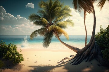 Tropical exotic beach with palm tree. AI generated