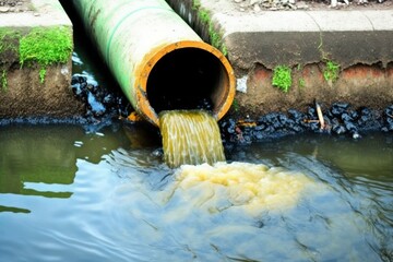 Draining sewage from pipe into river, pollution rivers and ecology. AI generated. Background with selective focus - obrazy, fototapety, plakaty