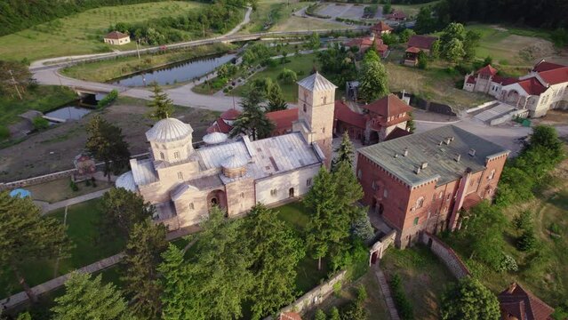 Medieval complex with Zica monastery from the air shot by drone and edited with minimal color correction.