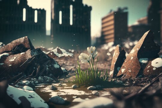 Flower on the ruins of the city. The concept of the birth of a new life. AI generated