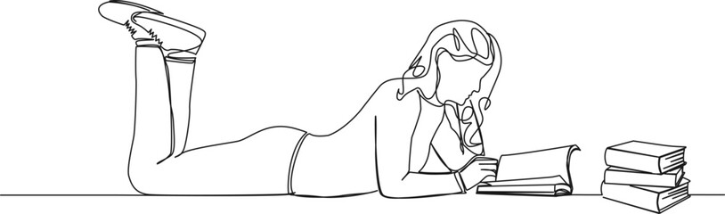 continuous single line drawing of woman on floor in prone position reading a book, line art vector illustration