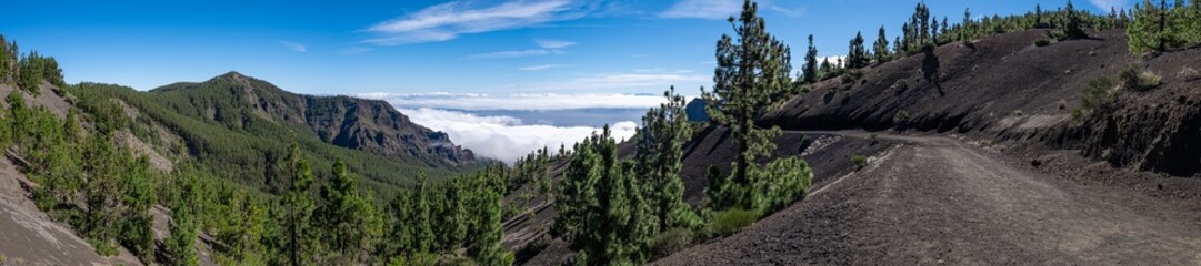 Huge panorama landscape of black dirt road in forest of a mountain range, above the sky, next to vulcano el teide during summer, in tenerife, canarias, spain