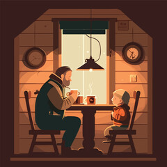 father and son drinking hot chocolate winter vector