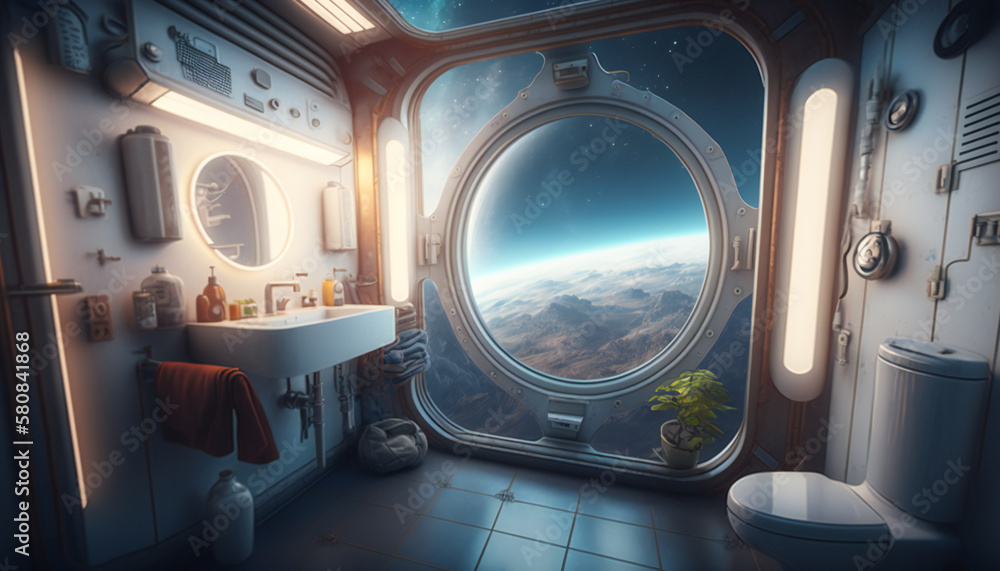 Canvas Prints bathroom in space station with a view into space - space wallpaper - generative ai