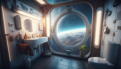 bathroom in Space station with a view into space - Space wallpaper - Generative AI