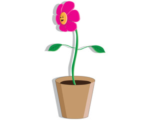 vector design of a pink flower plant with a round yellow center with a smiling face and there are two green leaves and a brown pot for planting