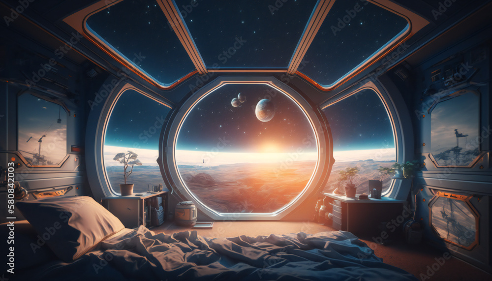 Wall mural bedroom in space station with a view into space - space wallpaper - generative ai