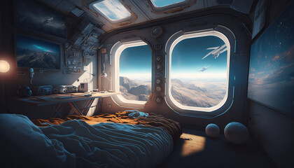 Bedroom in Space station with a view into space - Space wallpaper - Generative AI