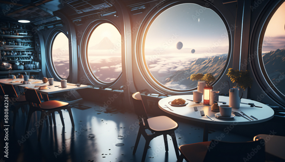 Wall mural canteen in space station with a view into space - space wallpaper - generative ai