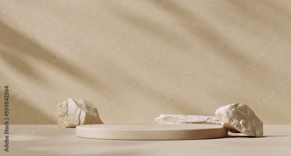 Poster minimal abstract interior with podium and stone. object display product presentation mockup. 3d rend