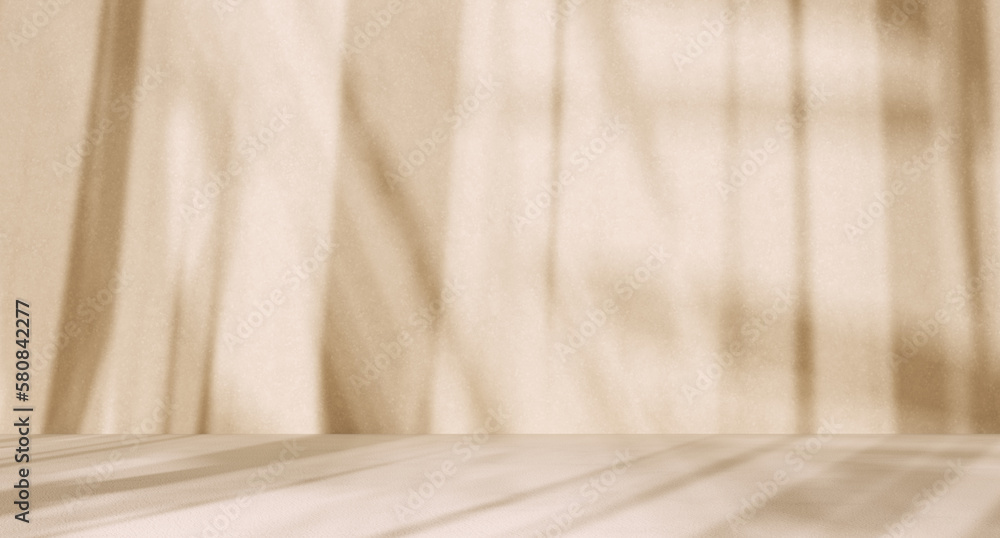 Poster sunlight window shadows in empty beige color room, object placement background, 3d rendering