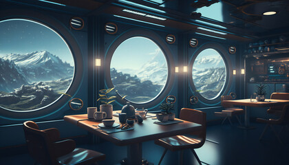 Canteen in Space station with a view into space - Space wallpaper - Generative AI