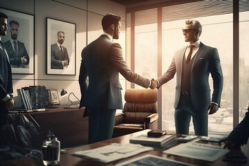 Two businessmen shaking hands, closing a deal. Generative AiI