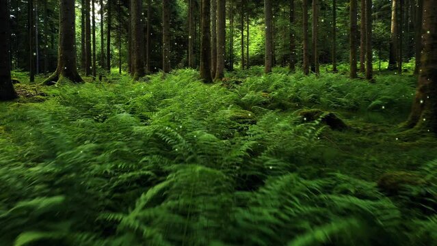 Fairy tale green woods with fern plants and flying flickering fireflies. Magic forest landscape. Drone shot.