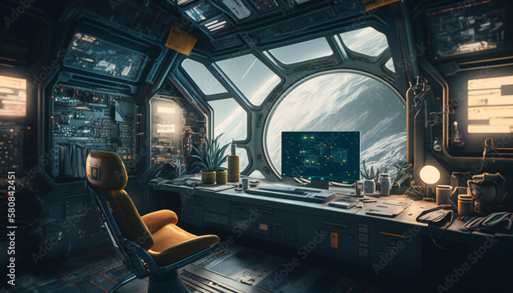 Canvas Prints office in space station with a view into space - space wallpaper - generative ai