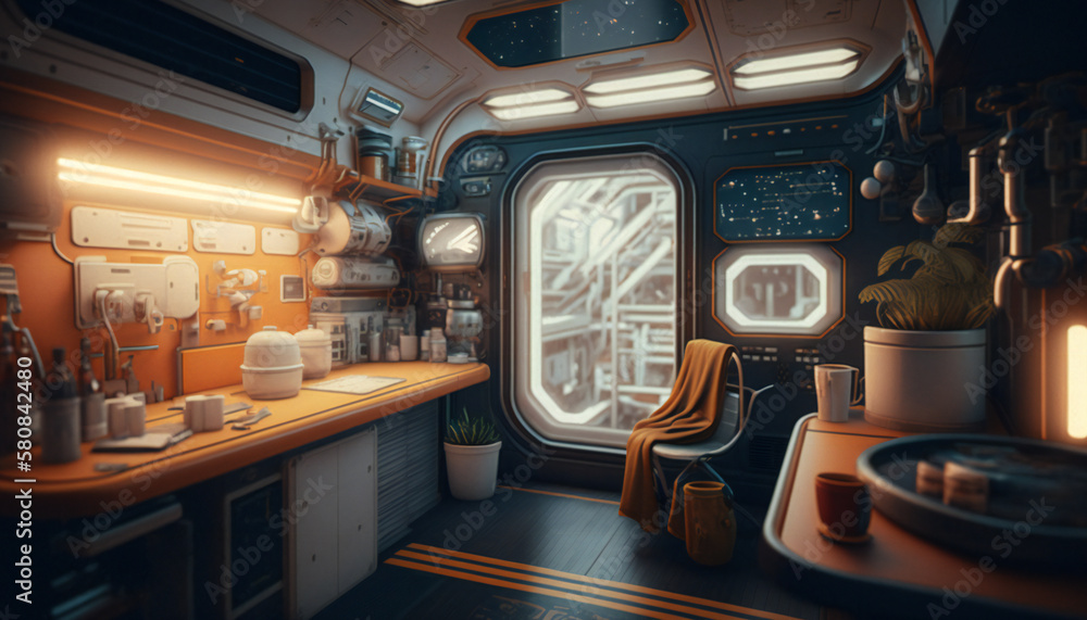 Wall mural office in space station with a view into space - space wallpaper - generative ai