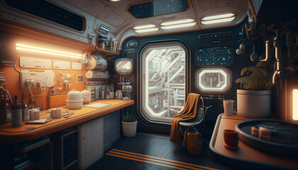Office in Space station with a view into space - Space wallpaper - Generative AI