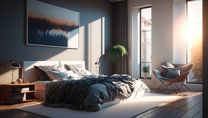 Illustration of modern bedroom. AI generated.
