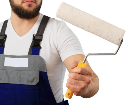 Painter male hand hold paint roller.