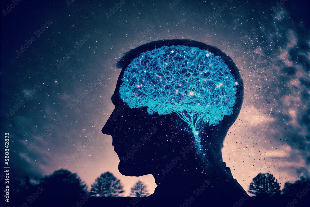 Poster virtual reality man with symbol neurons in brain. creative idea and insight. dark sky in the backgro