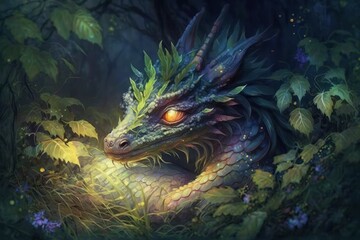 Beautiful dragon in the night forest, selective focus. AI generated, human enhanced