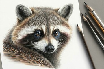 Portrait drawing of a cute beautiful raccoon, selective focus. AI generated, human enhanced