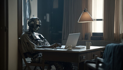 AI chatbot robot assistant sitting at desk using computer as artificial intelligence. Business concept. AI generated