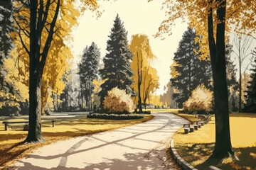 beautiful nature park with a path leading between trees in yellow autumn colors. illustration. Generative AI