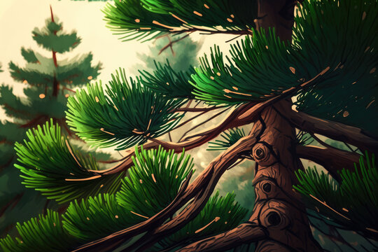 pine tree forest nature background. illustration. Generative AI