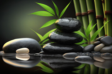 spa relaxation background with round stones and green bamboo. Generative AI